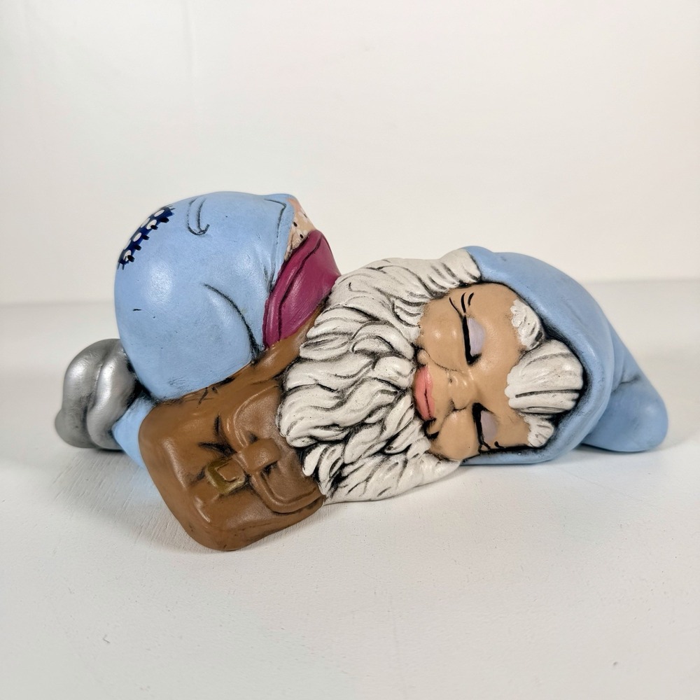 Vtg 1970s MCM Hand Painted Ceramic Sleeping Gnome Figurine SIGNED Mary Rowe